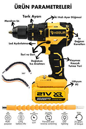 Assur 21V 2.0Ah Darbeli 10 Pilli Şarjlı Matkap Çift Akülü Vidalama Bakır Sargı Çelik Şanzıman 82 Parça