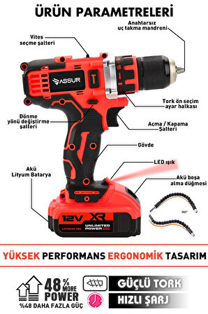 Assur Çelik Mandren 84 Parça Şarjlı Matkap Çift Akülü 12 Köşe 360° Otomatik Hizalamalı Lazer Metre