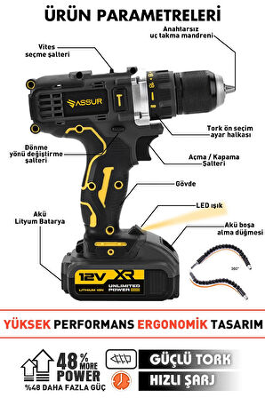 Assur Çift Akülü 12 Köşe 360° Otomatik Hizalamalı Lazer Metre ve Çelik Mandren 84 Parça Şarjlı Matkap