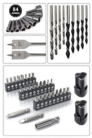 Assur 12V 1.5Ah Metal Şanzıman 13mm Çelik Mandrenli Matkap Akülü Vidalama 84 Parça