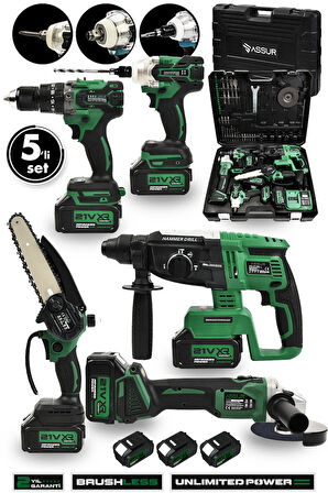 Assur 21V 2.0Ah Kömürsüz Darbeli 5'li Set Şarjlı Hilti + Taşlama + Somun Sıkma + Akülü Vidalama + Budama Testeri