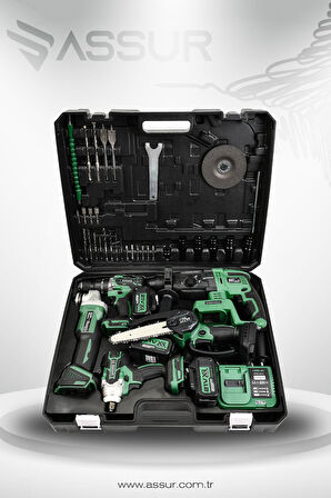 Assur 21V 2.0Ah Kömürsüz Darbeli 5'li Set Şarjlı Hilti + Taşlama + Somun Sıkma + Akülü Vidalama + Budama Testeri