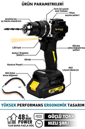 Assur Plus 21V Çelik Mandren Kömürsüz Motor Darbeli Şarjlı Matkap Vidalama