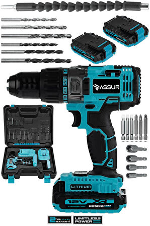 Assur 12V Çift Akülü Metal Şanzıman Bakır Sargı Akülü Vidalama Şarjlı Matkap