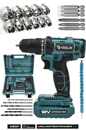 Assur 12V Çift Akülü Metal Şanzıman Bakır Sargı Akülü Vidalama Şarjlı Matkap