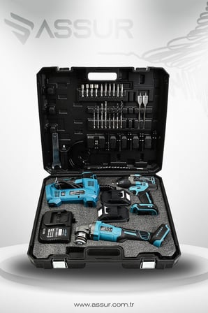 Assur 21V Çift Akü 3'lü Set 125mm Taşlama Hava Pompası 800Nm Somun Sıkma Sökme Matkap