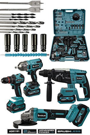 Assur 21V Darbeli Kömürsüz 4'lü Set Taşlama & Somun Sıkma Sökme & Matkap Vidalama & Kırıcı Delici Hilti