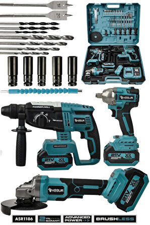 Assur 21V Çift Akülü 3'lü Set Taşlama+Kırıcı Delici Hilti+Somun Sıkma Sökme