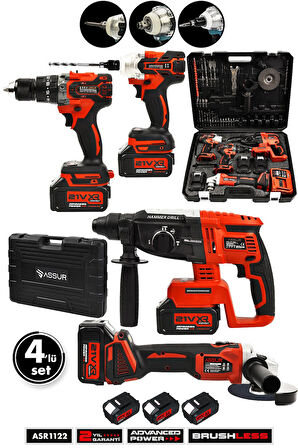 Assur Profesyonel 21V 4'lü Set Taşlama & Kırıcı Delici Hilti & Somun Sıkma Sökme & Matkap