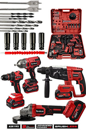 Assur 21V Darbeli Kömürsüz 4'lü Set Matkap Vidalama & Kırıcı Delici Hilti & Taşlama & Somun Sıkma Sökme