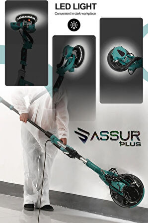 Assur Plus 850W Alçıpan Duvar Zımpara Makinası 360° Ledli Toz Emmeli
