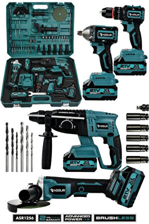 Assur 21V 4'lü Set Taşlama - Somun Sıkma Sökme - Akülü Vidalama - Kırıcı Delici Hilti