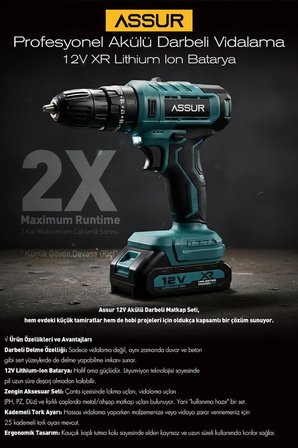 Assur 12V Darbeli Şarjlı Matkap Dijital Göstergeli Akülü Vidalama