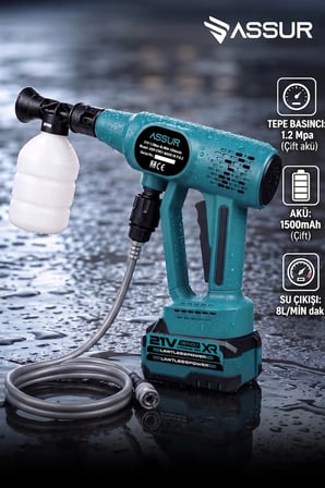 21V Çift Batarya 1500 mAh Yüksek Basınçlı Akülü Şarjlı Oto Araba Yıkama Makinesi