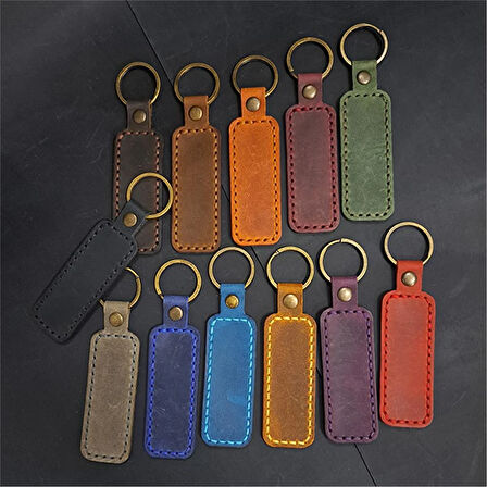 El Yapımı Hakiki Deri Düz Dikiş  Anahtarlık Koyu Yeşil