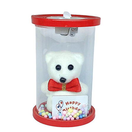 Cam Fanus Happy Birthday Işıklı Ayıcık Kırmızı