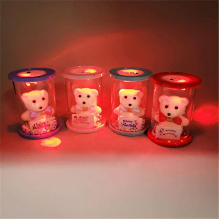 Cam Fanus Happy Birthday Işıklı Ayıcık Kırmızı