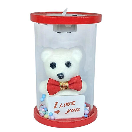Cam Fanus Işıklı I Love You Ayıcık Kırmızı