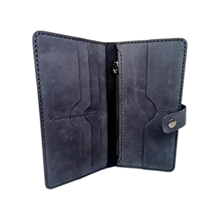 Siyah El Yapımı Hakiki Deri Telefon Kılıflı Cüzdan