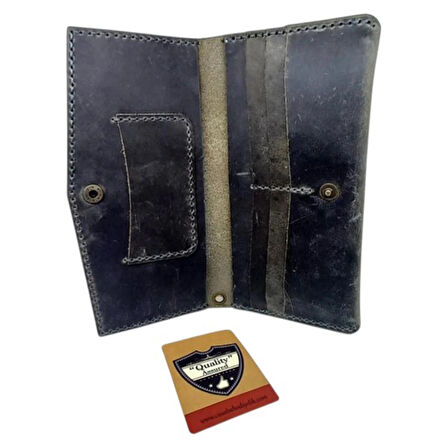 Gri El Yapımı Hakiki Crazy Deri Telefon Bölmeli Cüzdan