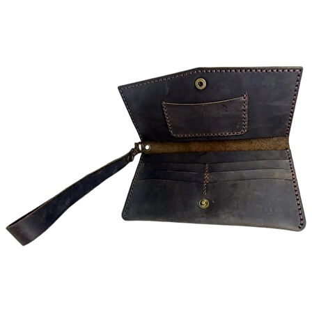 Kahverengi El Yapımı Hakiki Crazy Deri Telefon Bölmeli Cüzdan