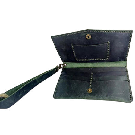 El Yapımı Telefon Bölmeli Hakiki Crazy Deri Cüzdan Yeşil