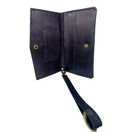 El Yapımı Telefon Bölmeli Hakiki Crazy Deri Cüzdan Siyah