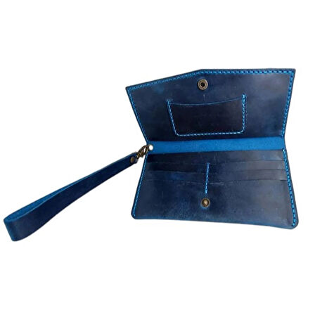 El Yapımı Telefon Bölmeli Hakiki Crazy Deri Cüzdan Turkuaz