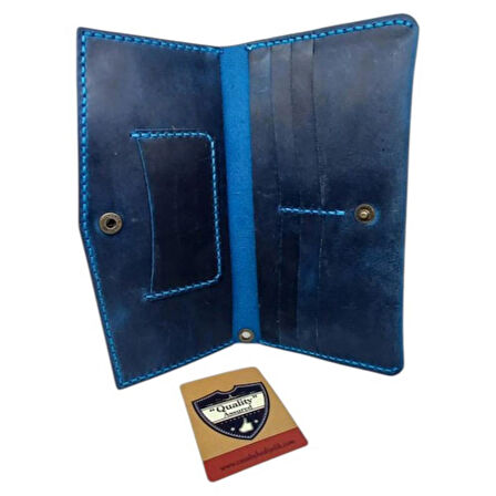 El Yapımı Telefon Bölmeli Hakiki Crazy Deri Cüzdan Turkuaz