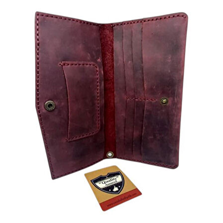 El Yapımı Telefon Bölmeli Hakiki Crazy Deri Cüzdan Vişne Çürüğü