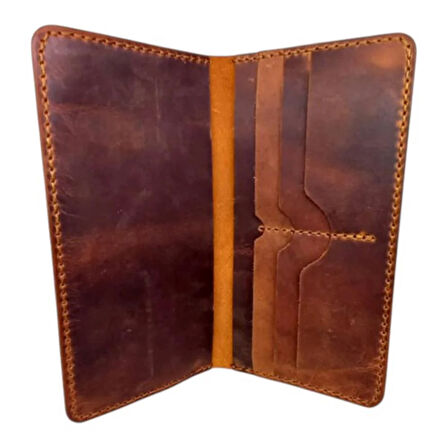 El Yapımı Telefon Bölmeli Hakiki Crazy Deri Cüzdan Kiremit Rengi