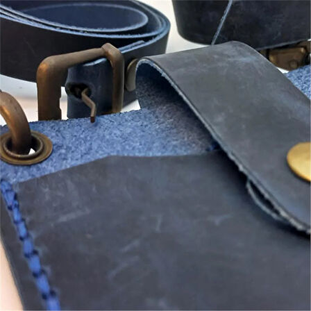 El Yapımı Hakiki Crazy Deri Telefonluk Lacivert