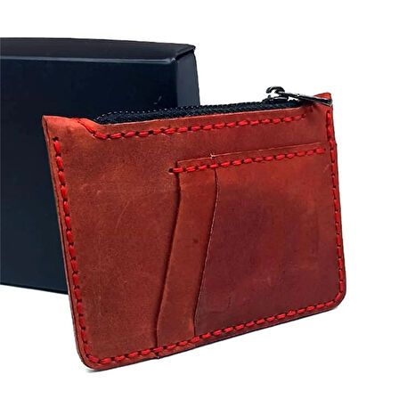 El Yapımı Hakiki Crazy Deri  Kartlık Kırmızı