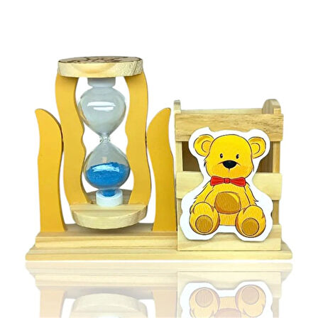 Ahşap Ayıcıklı Mavi Kum Saatli Kalemlik