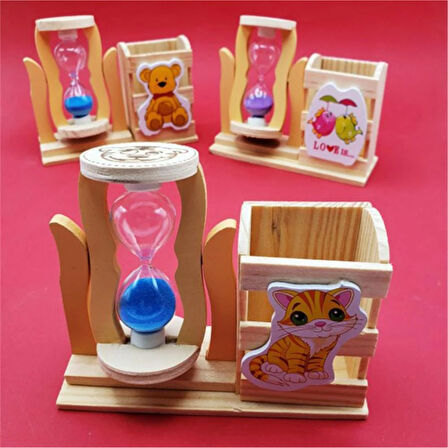 Ahşap Ayıcıklı Mavi Kum Saatli Kalemlik