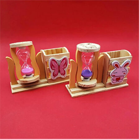 Ahşap Ayıcıklı Mavi Kum Saatli Kalemlik