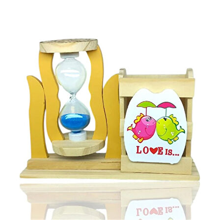 Ahşap Balıklı Mavi Kum Saatli Kalemlik