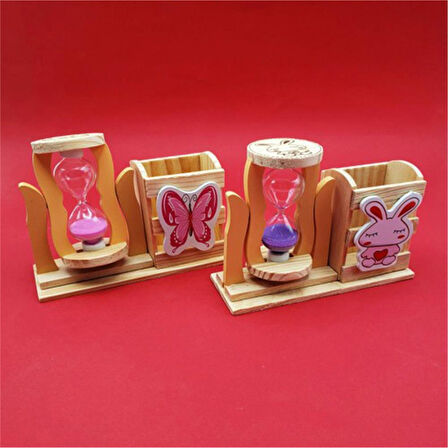 Ahşap Balıklı Mavi Kum Saatli Kalemlik