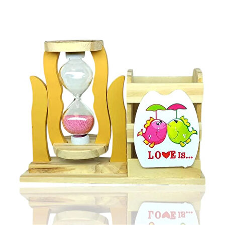 Ahşap Balıklı Pembe Kum Saatli Kalemlik