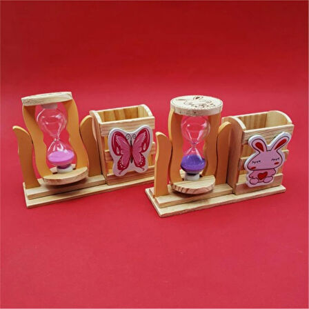 Ahşap Balıklı Mor Kum Saatli Kalemlik