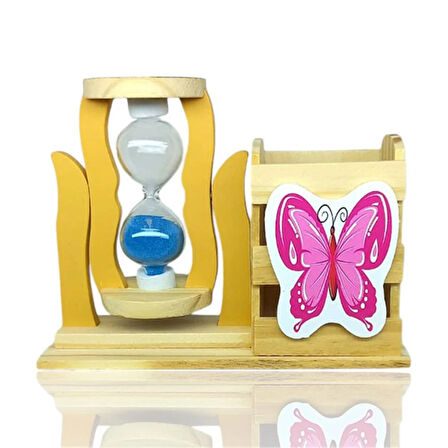 Ahşap Kelebekli Mavi Kum Saatli Kalemlik