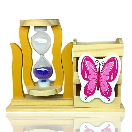 Ahşap Kelebekli Mor Kum Saatli Kalemlik