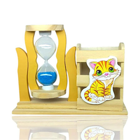 Ahşap Kedili Mavi Kum Saatli Kalemlik