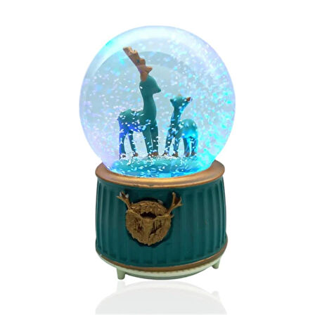 Müzikli Renk Değişiren Işıklı Kar Püskürtmeli Geyik Temalı Kar Küresi