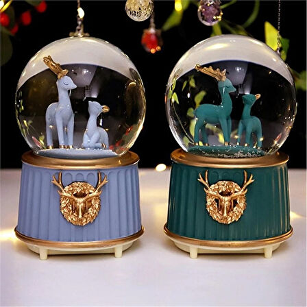 Müzikli Renk Değişiren Işıklı Kar Püskürtmeli Geyik Tasarımlı Kar Küresi
