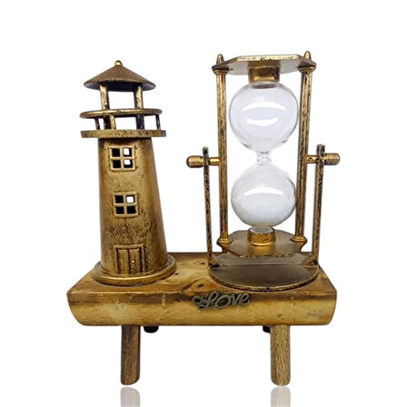 Dekoratif Deniz Feneri Tasarımlı Kum Saatli Ahşap Altlıklı Masa Süsü Altın Renk