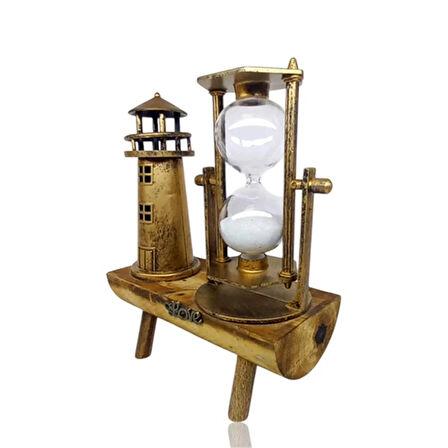 Dekoratif Deniz Feneri Tasarımlı Kum Saatli Ahşap Altlıklı Masa Süsü Altın Renk