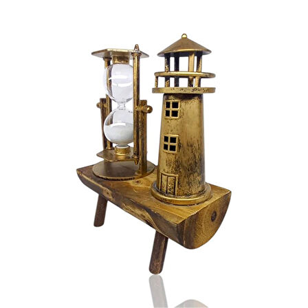 Dekoratif Deniz Feneri Tasarımlı Kum Saatli Ahşap Altlıklı Masa Süsü Altın Renk