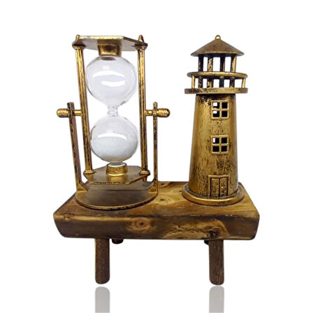 Dekoratif Deniz Feneri Tasarımlı Kum Saatli Ahşap Altlıklı Masa Süsü Altın Renk