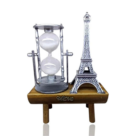 Dekoratif Eyfel Kulesi Tasarımlı Kum Saatli Ahşap Altlıklı Masa Süsü Gümüş Renk